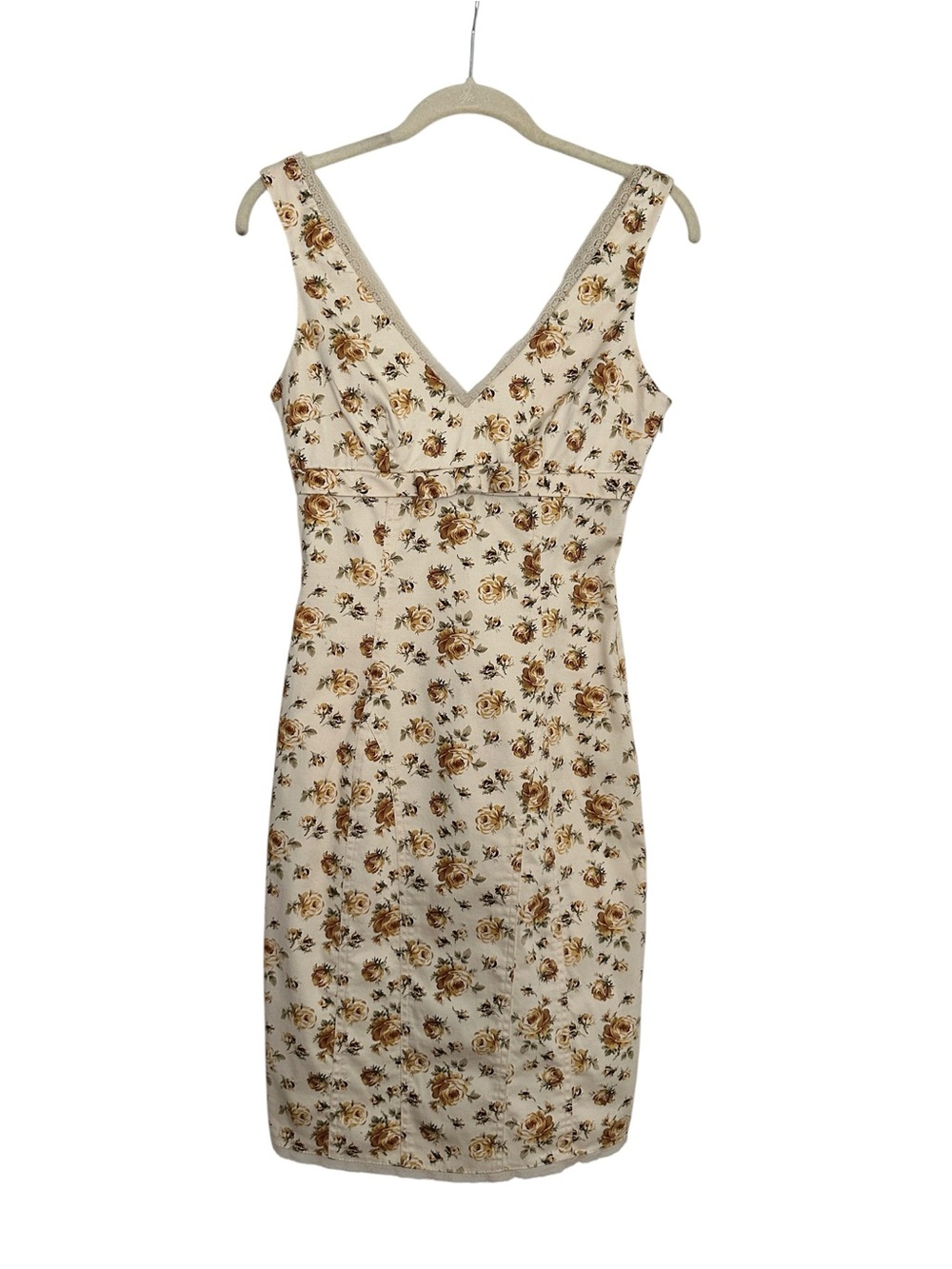 Forever 21 Y2K Floral Cottagecore Dress Cream Brown Rose Print Bow Lace‎ Trim S